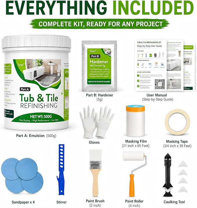 17 oz White Tub and Tile Paint, Semi-Gloss Refinishing Kit | Includes 8 Tools for Refinishing Tubs, Sinks and Tiles. Low Odor Formula Covers up to 30 Sq Ft.