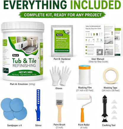 17 oz White Tub and Tile Paint, Semi-Gloss Refinishing Kit | Includes 8 Tools for Refinishing Tubs, Sinks and Tiles. Low Odor Formula Covers up to 30 Sq Ft.