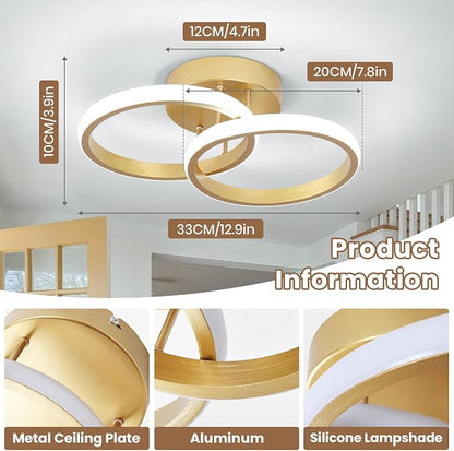 CANEOE Round Modern Led Ceiling Light Fixtures, 6000K Cool White Hallway Light Fixtures Ceiling, Bathroom Close to Ceiling Lights for Corridor Stair Aisle Lamps (Gold, 2 Packs)