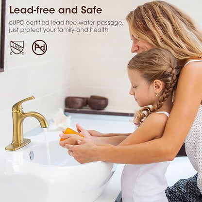 Brushed Gold Single Hole Bath Room Faucets,Brushed Gold Bathroom Faucet,Single Handle Brass Sink Faucet Bathroom for 1 or 3 Holes,with Pop Up Drain Supply Hose for Vanity,Lavatory RV Farmhouse