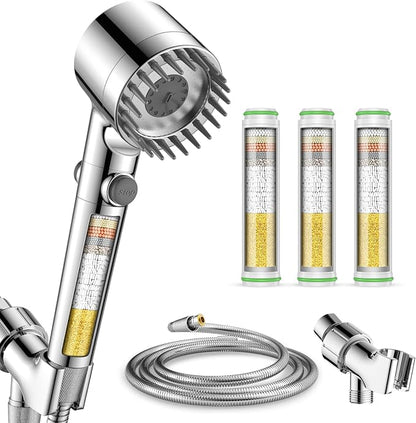 Filtered Shower Head with Handheld 3PCS Filters ShowerHead | 4 Spray, High Pressure Shower Heads with ON/OFF Button, Water Softener for Hard Water, 70" Hose, Remove Chlorine