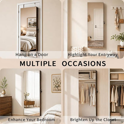 Lockable Jewelry Cabinet Organizer with Full Length Mirror, 6 Auto LED Lights, Wall & Over Door Mount Jewelry Armoire with Earring Slots, Necklace Hooks, Foldable Makeup Shelf