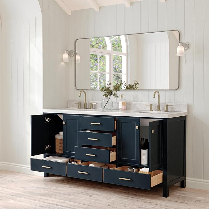 ARIEL Cambridge 72-inch Bathroom Vanity with Sink,Solid Wood, 1.5-inch Italian Carrara Marble Countertop, Double Rectangular Porcelain Sink, 4 Soft Closing Doors, 6 Dovetail Drawers, Midnight Blue