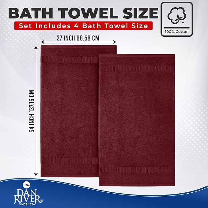 DAN RIVER 600 GSM Cotton Large Bath Towels Set of 4, 27 x 54 Inches | Larger & Lighter Weight Towels for Bathroom - Highly Absorbent & Quick Dry 100% Cotton Bath Towel Set for Home, Spa & Hotel