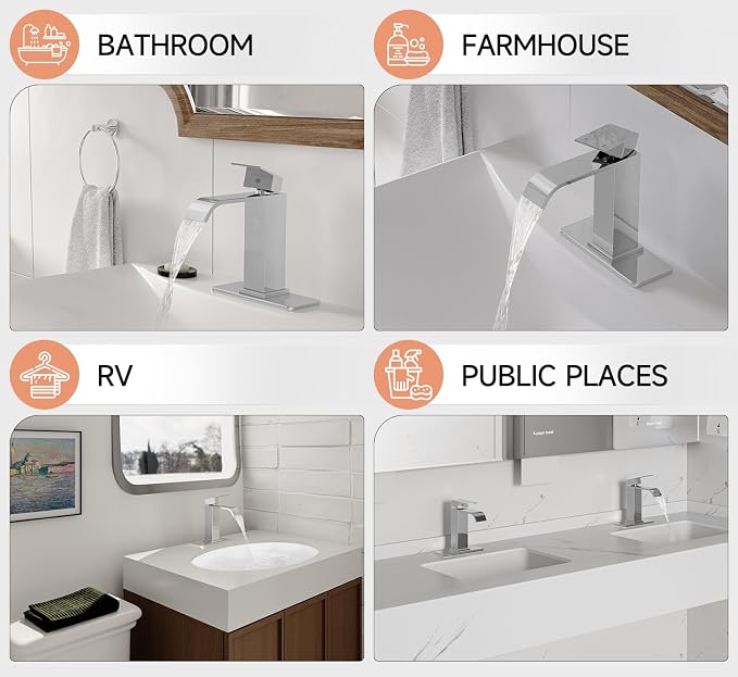 Chrome Bathroom Faucets Evolvegoods Modern Waterfall Bathroom Faucet | Single Handle 1 or 3 Hole Bathroom Sink Faucet RV Mixer Tap Vanity Faucet with Deck Plate Pop-up Drain and Supply Lines