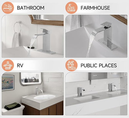 Chrome Bathroom Faucets Evolvegoods Modern Waterfall Bathroom Faucet | Single Handle 1 or 3 Hole Bathroom Sink Faucet RV Mixer Tap Vanity Faucet with Deck Plate Pop-up Drain and Supply Lines
