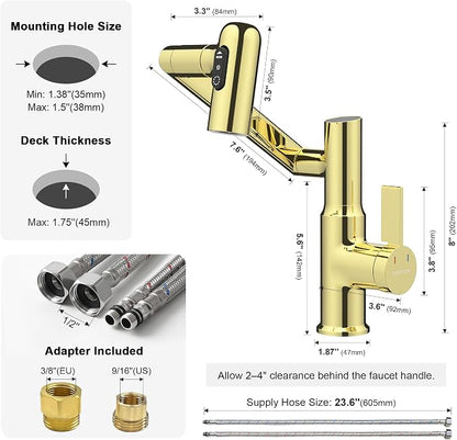 Rotatable Bathroom Faucet with Temperature Display in Fahrenheit (Batteries-Free), 3 Water Outlet Modes, Polished Gold, BF2204-5