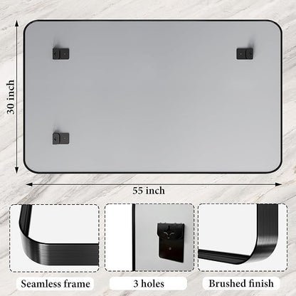 Black Metal Vanity Rounded Rectangle Bathroom Mirrors for Over Sink Wall, 55x30 Inch Large Matte Mirror, Anti-Rust, Modern Decorative for Restroom, Farmhouse