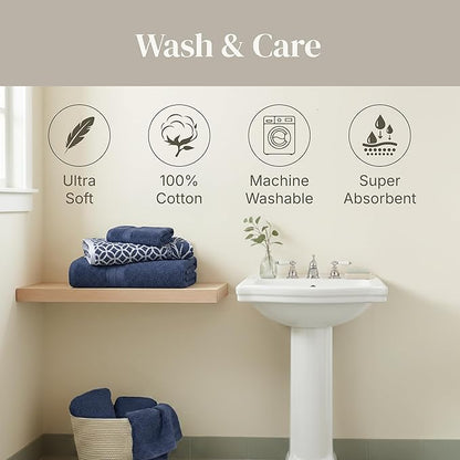 Modern Threads Botanical Vine 6-Piece 100% Cotton Towel Set – Reversible Yarn Dyed Jacquard – Includes 2 Bath Towels, 2 Hand Towels, 2 Washcloths – Absorbent, Quick Dry, Soft & Durable – Navy