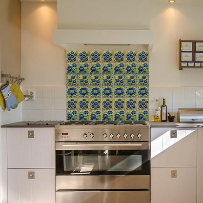36 Pcs 4 Style Blue Flowers Tile Stickers Golden Flowers Peel and Stick Wall Tile Stickers Waterproof Self Adhesive Lotus Stick on Tiles Decals for Kitchen Bathroom Wall Art Decor, 4×4 Inch