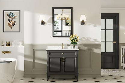 24x36 Inch Black Bathroom Mirror for Wall, Thick Metal Framed Rectangle Mirrors for Over Sink, Bedroom, Living Room, Entryway, Anti-Rust, HD Tempered Glass