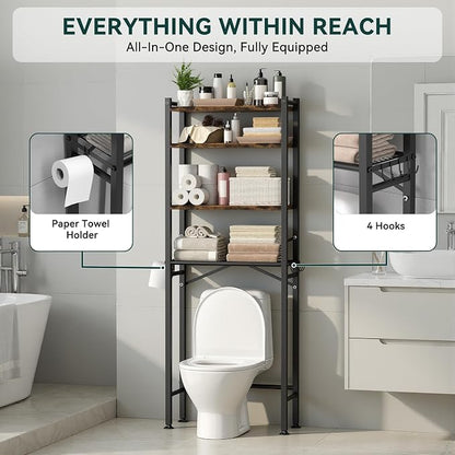 GloTika 4-Tier Over The Toilet Storage, Anti-Tilt, 69.3" H, Black Brown | Anti-Tilt Safety System, 150lb Capacity, Carbon Steel, Freestanding, Anti-Rust Coating, Paper Holder & 4 Hooks