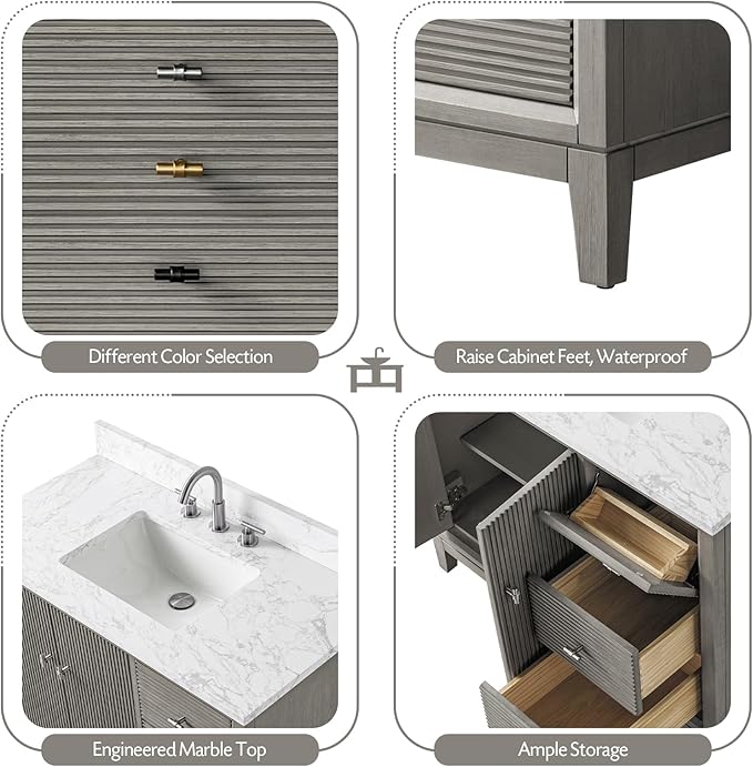 Vanity Art 42" Bathroom Vanity with Single Sink & Arabescato White Engineered Stone Top, Vanity Cabinet with Soft Closing Door, Solid Wood Frame, Golden Brushed Handles, Driftwood Gray VA8142-DG-GB
