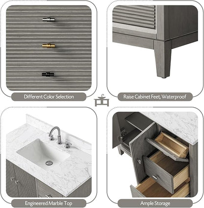 Vanity Art 42" Bathroom Vanity with Single Sink & Arabescato White Engineered Stone Top, Vanity Cabinet with Soft Closing Door, Solid Wood Frame, Golden Brushed Handles, Driftwood Gray VA8142-DG-GB