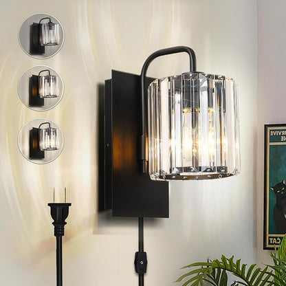 Plug in Crystal Wall Sconces, Black Plug in Sconce with Dimmer Cord | 10 inch Glass Wall Light Fixtures with Cord for Living Room Bedroom Hallway Staircase Bedside Square E26