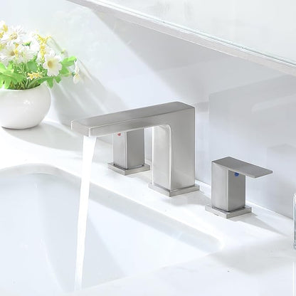 VC CUCINE Brushed Nickel 3 Hole Bathroom Faucet, 2 Handles, 8 Inch, Modern Vanity Sink Faucet with Drain and Supply Lines