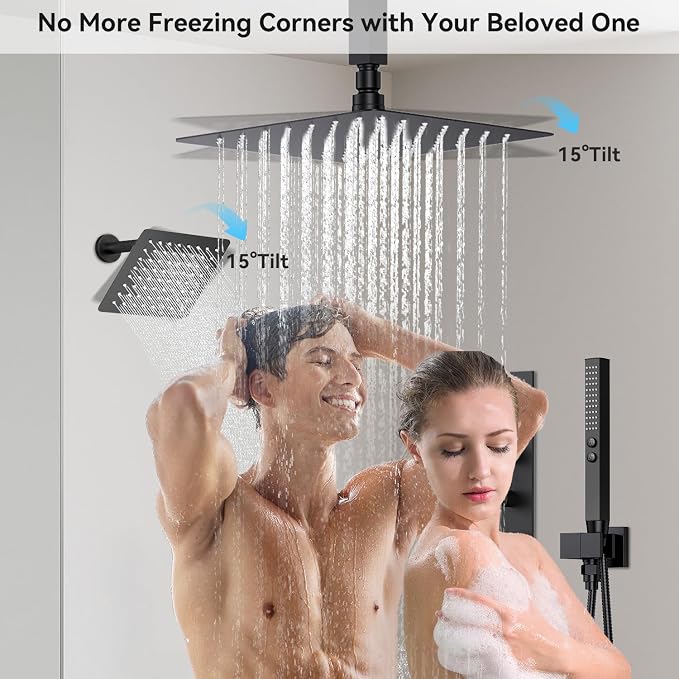 Shower Faucet Set,Thermostatic Shower System,12 Inch Ceiling Mounted and 6 Inch Wall Mount Rain Shower Head with 2 in 1 Handhled,High Pressure Dual Shower Head Combo Set Matte Black