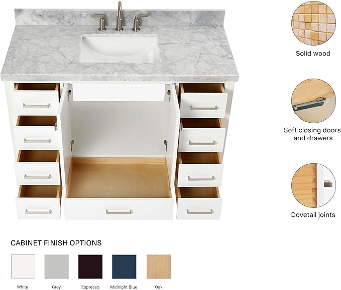 ARIEL Cambridge 48-inch Bathroom Vanity with Sink,Solid Wood, 1.5-inch Italian Carrara Marble Countertop, Single Rectangular Porcelain Sink, 2 Soft Closing Doors, 9 Dovetail Drawers, White