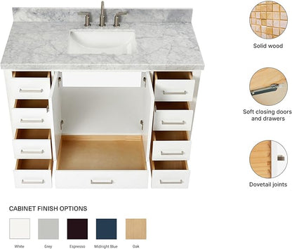 ARIEL Cambridge 48-inch Bathroom Vanity with Sink,Solid Wood, 1.5-inch Italian Carrara Marble Countertop, Single Rectangular Porcelain Sink, 2 Soft Closing Doors, 9 Dovetail Drawers, White