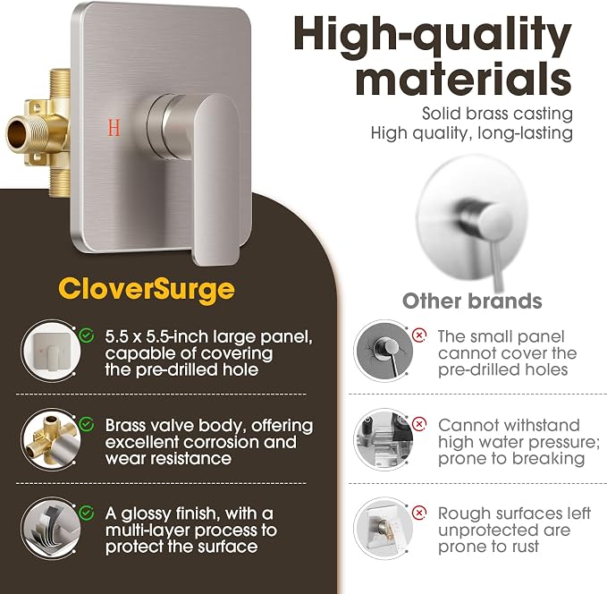 Shower Faucet Set Bathtub Faucet Set with Valve Included Shower Valve Kit with All-Metal High Flow Tub Spout,6 Inch High Pressure Head,Solid Brass Valve Body and Metal Handle Trim,Brushed Nickel