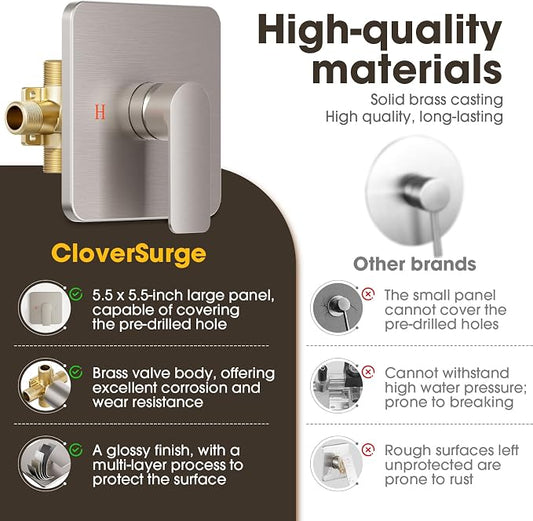 Shower Faucet Set Bathtub Faucet Set with Valve Included Shower Valve Kit with All-Metal High Flow Tub Spout,6 Inch High Pressure Head,Solid Brass Valve Body and Metal Handle Trim,Brushed Nickel