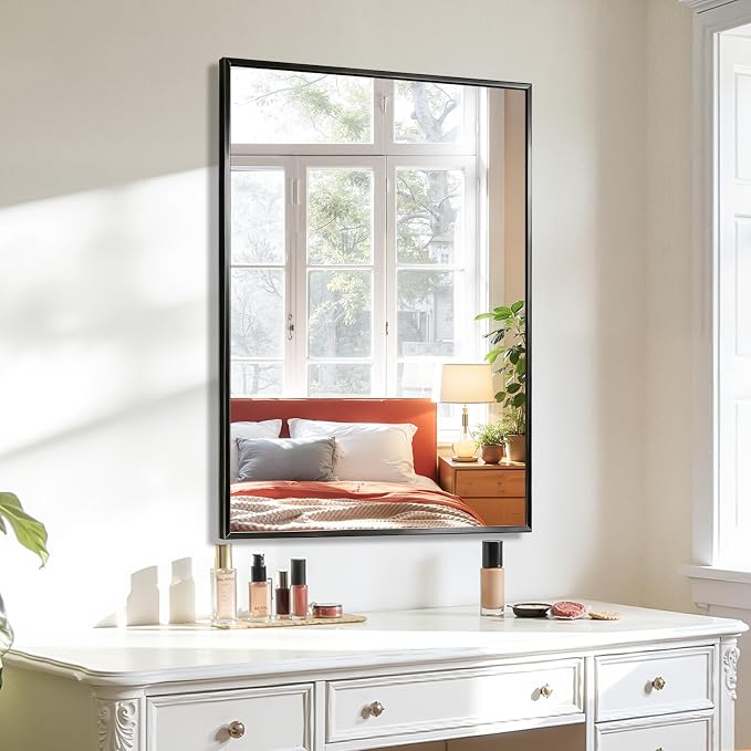 Koonmi Bathroom Mirror for Wall, 24"x36" Black Bathroom Mirror for Over Sink, Shatterproof Tempered Glass Vanity Mirror with Anti-Rust Aluminum Alloy Frame, Hang Horizontally or Vertically