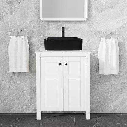 24 Inch White Bathroom Vanity with Marble Texture Top, Traditional Standing Pedestal Cabinet with Black Ceramic Sink