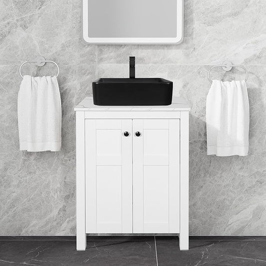 24 Inch White Bathroom Vanity with Marble Texture Top, Traditional Standing Pedestal Cabinet with Black Ceramic Sink