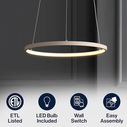 JONATHAN Y 15.75" Beige Modern Integrated LED Pendant Light, Dimmable Round Hoop Chandelier for Kitchen Island, Dining Room, Adjustable Height Metal Hanging Light (JYL7202H)