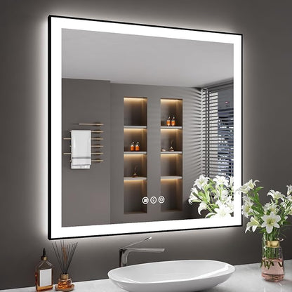 36x36 Inch LED Bathroom Mirror with Black Frame | Black Metal Frame, Front and Backlit, 3 Colors, Dimmable, Memory, Anti Fog, Tempered Glass, Lighted Mirror for Wall