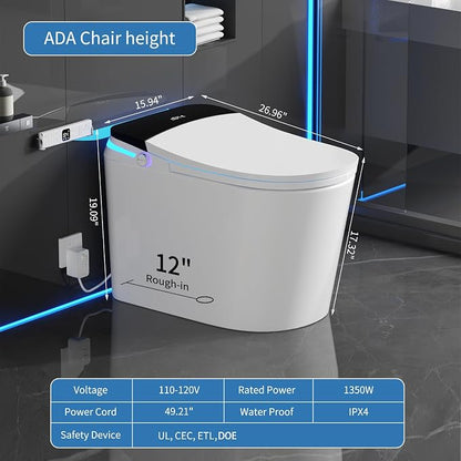 Smart Toilet with Bidet Built in, 360° Siphon Auto Flush & Automatic Lid, One Piece Toilet for Bathrooms with LED Display, Heated Seat, Warm Water, Dryer, Foam Shield, Night Light, 12" Rough-in