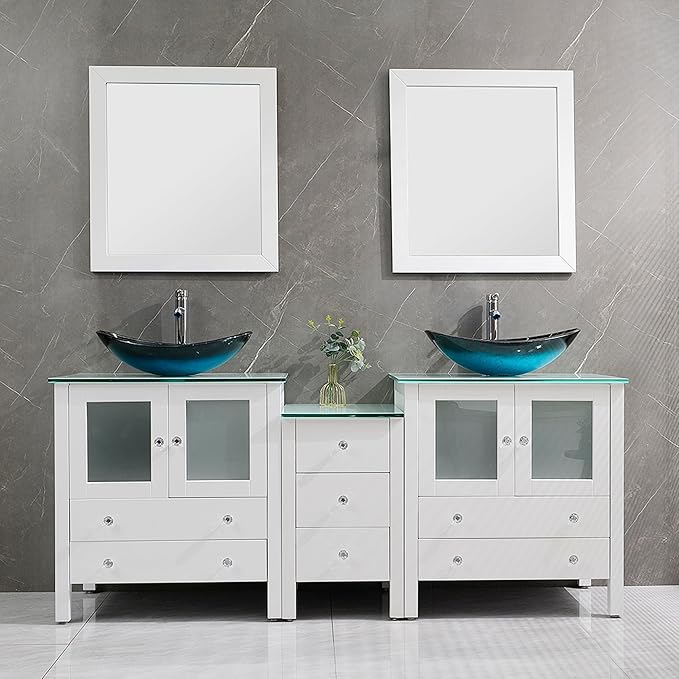 76" Freestanding Wooden Modern Bathroom Vanity with Double Vessel Sink Set Bathroom Mirror Included
