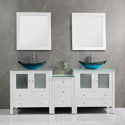 76" Freestanding Wooden Modern Bathroom Vanity with Double Vessel Sink Set Bathroom Mirror Included