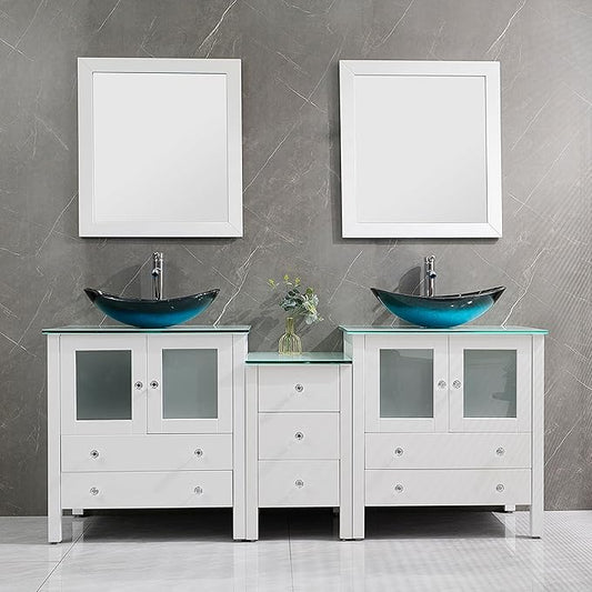 76" Freestanding Wooden Modern Bathroom Vanity with Double Vessel Sink Set Bathroom Mirror Included