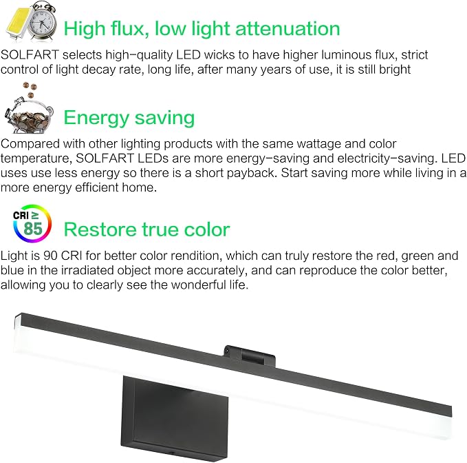 SOLFART Dimmable Black Vanity Light Bar Lighting Fixtures Modern Bathroom Light Fixtures 6000K Rotatable White Aluminum LED Light