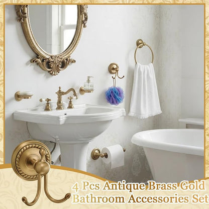 4 Pcs Antique Brass Gold Bathroom Accessories Set, Towel Ring, Toilet Paper Holder & Robe Hooks, Wall Mounted Brushed Solid Brass with Vintage Finish for Bathroom Decor Hardware Fixture Set