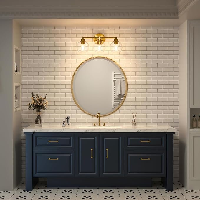 VONLUCE 3 Light Bathroom Vanity Light Fixtures, Gold Finish | Globe Glass Shades, E26 Sockets, Easy to install, Vanity Lights for Bedroom Hallway Living Room