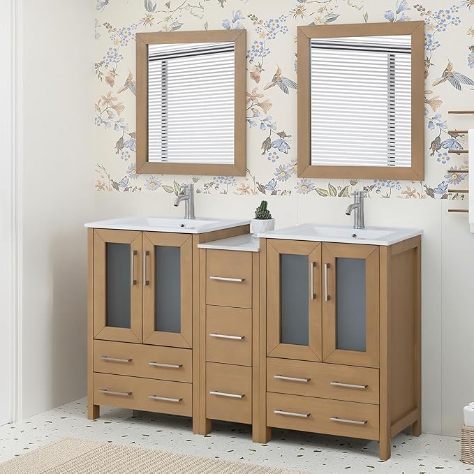 HOMEBEYOND 60 Inch Modern Bathroom Vanity with Sink & Mirror, Double Sink Vanity Cabinet with Basin and Mirror, Dove-Tailed Drawers, Soft-Closing Doors, Wood, Natural Oak