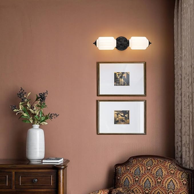 Vintage Milk Glass Bathroom Vanity Light, 2-Light Vintage Wall Sconce with Antique Brass Finish Base & White Glass Shad, Wall Sconce Lighting for Mirror, Living Room, Gallery (Bulbs Included)