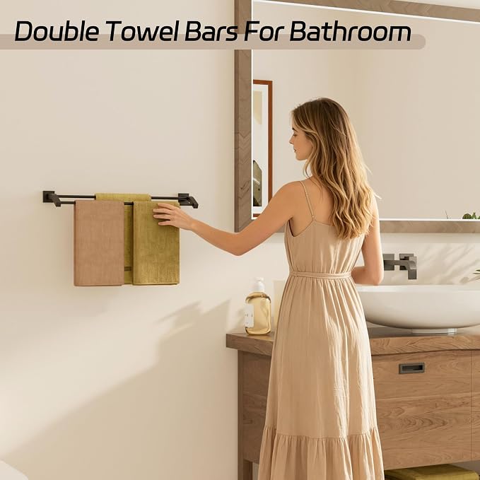 Alise 24" Double Towel Bar, Towel Racks for Bathroom, Matte Black | SuS304 Stainless Steel Bathroom Towel Rack Wall Mounted, Rust Resistant, Quick Drying, Useable Length 22.9"