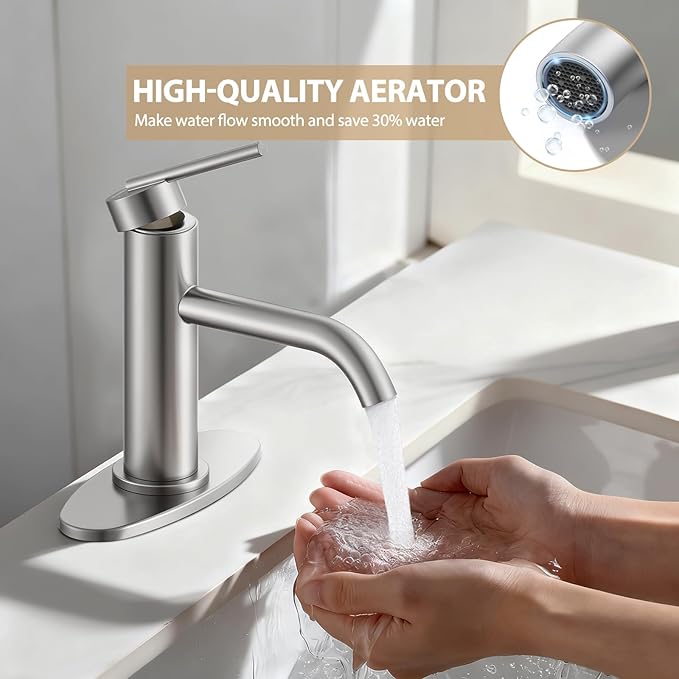 Brushed Nickel Bathroom Faucet for Single Handle,HURRAN Bathroom Faucet 1 Hole with Pop-up Drain and Deck,Fits 1 Hole or 3 Hole Installations for Vanity,Bathroom & RV