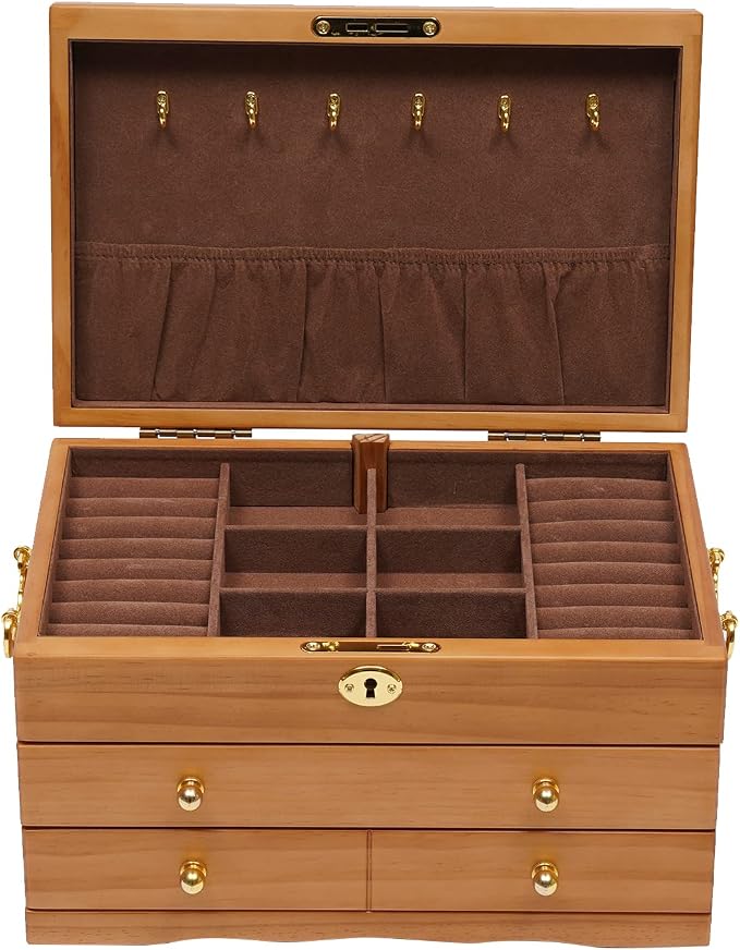 Extra Large 3 Layers Wooden Jewelry Box Jewelry Case Cabinet Armoire Ring Necklacel Gift Storage Box Organizer(3 layers,6 built-in hooks)