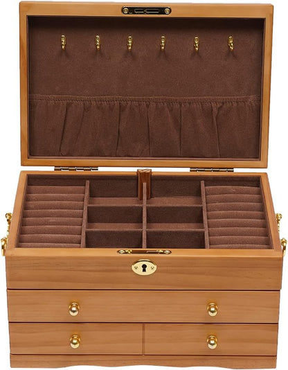 Extra Large 3 Layers Wooden Jewelry Box Jewelry Case Cabinet Armoire Ring Necklacel Gift Storage Box Organizer(3 layers,6 built-in hooks)