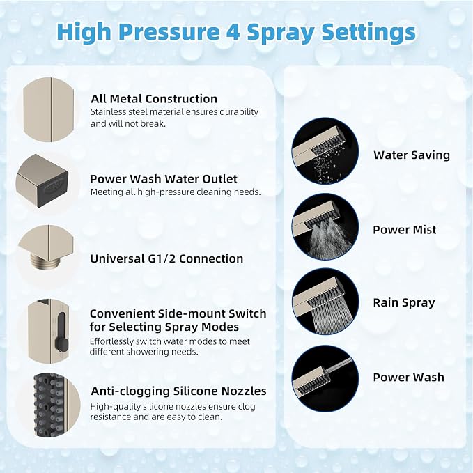 Hibbent All Metal CUPC Certified 8'' Rainfall Shower Head, Dual Shower Head Combo, High Pressure Handheld 4 Sprays Shower Wand, 16'' Adjustable Extension Arm, 71'' Hose, Shower Holder, Brushed Nickel