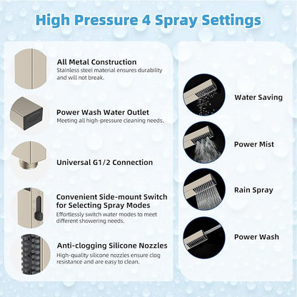 Hibbent All Metal CUPC Certified 8'' Rainfall Shower Head, Dual Shower Head Combo, High Pressure Handheld 4 Sprays Shower Wand, 16'' Adjustable Extension Arm, 71'' Hose, Shower Holder, Brushed Nickel