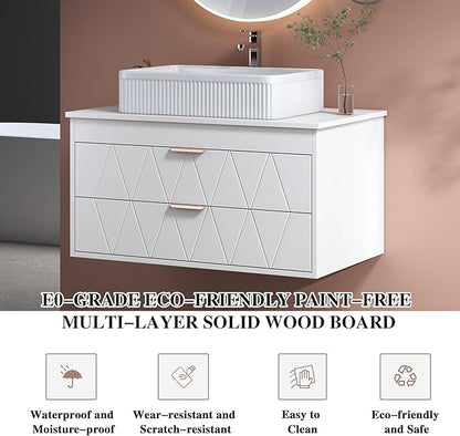 32 inch Bathroom Vanity with Vessel Sink, Wall Mounted Bathroom Cabinet with 2 Soft Closing Drawers, Rose Gold Handle, Solid Wood Countertop, Floating Modern Bathroom Vanity for Small Space, White