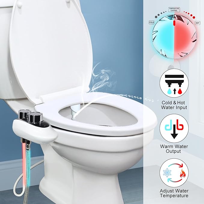 Bidet Attachment for Toilet Warm Water, Temperature Display Hot & Cold Water Non-Electric Adjustable Pressure Self Cleaning Frontal & Rear Dual Nozzle Wash Bidet Attachment for Rear & Feminine Wash