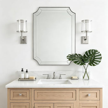 22"x30" Brushed Nickel Scalloped Mirrors for Bathroom Sink | Rust-Proof SUS304 Thin Frame, Delicate Tessellated Glass Design, Anti-Corrosion Silver-Backed Glass, Ideal for Home Deocr