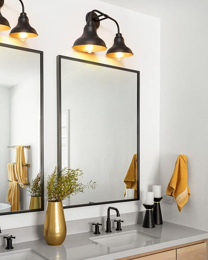 18-Inch 2-Light Farmhouse Bathroom Vanity Light Over Mirror, Black | Rustic industrial style, metal construction, 2 E26 sockets, 60W max each, dimmable, 7.08 in. shades, bathroom mirror, bedroom