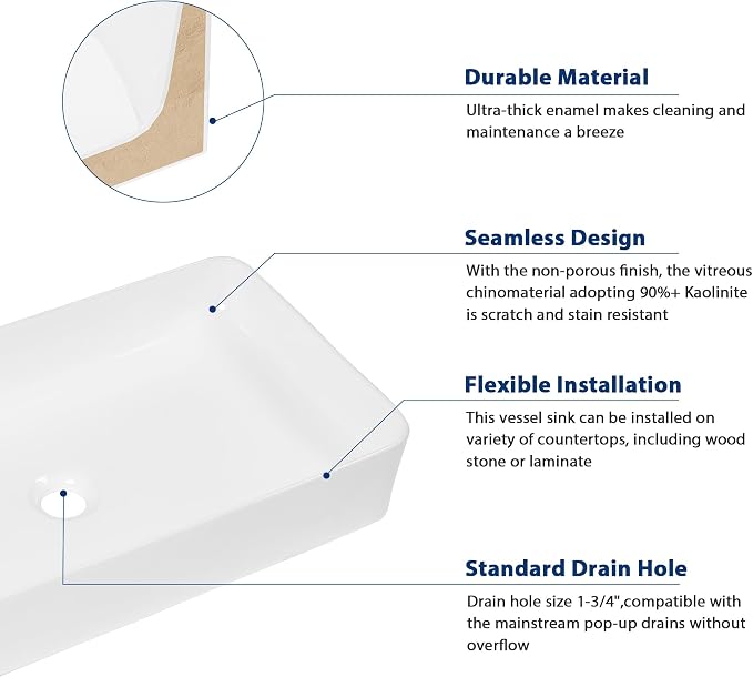 Sarlai 24 Vessel Sink Rectangle - 24 x 14 Inch Bathroom Sink Modern Large Rectangular Above Counter White Porcelain Ceramic Bathroom Vessel Vanity Sink Art Basin